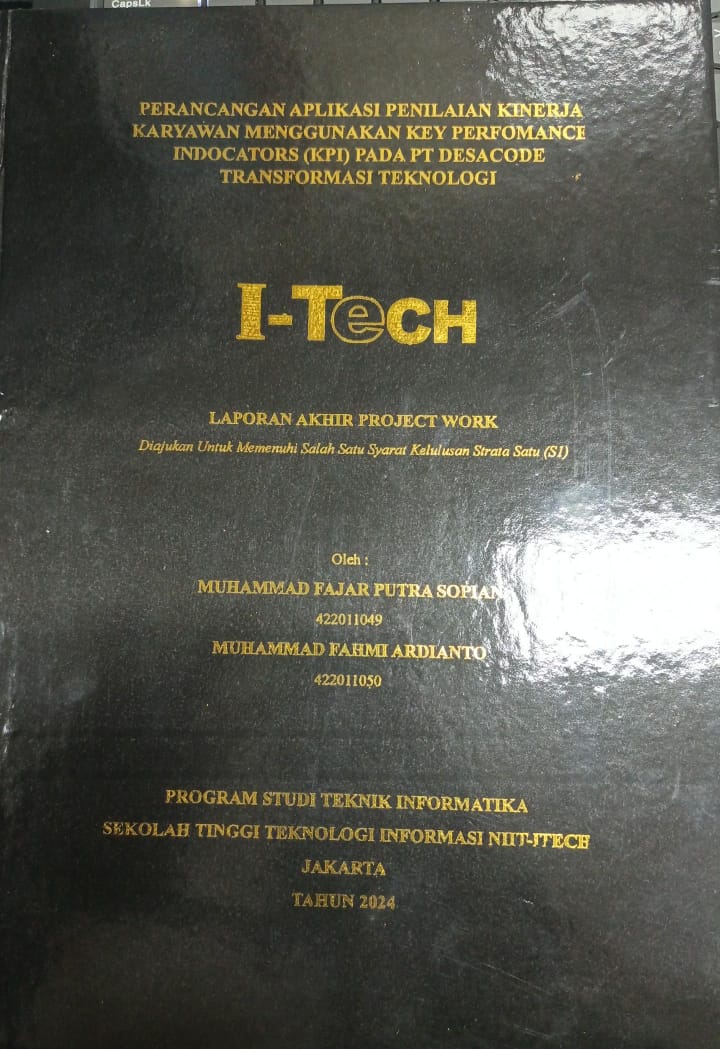 Cover PROJECT WORK | PERANCANGAN APLIKASI PENILAIAN KINERJA KARYAWAN MENGGUNAKAN KEY PERFOMANCE INDOCATORS (KPI) PADA PT DESACODE TRANSFORMASI TEKNOLOGI
